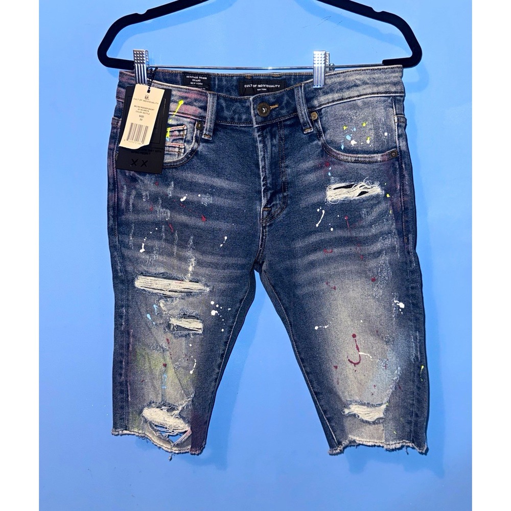 Cult of Individuality Mens Distressed Paint Splatter Denim Shorts 30 621A5-SR07K